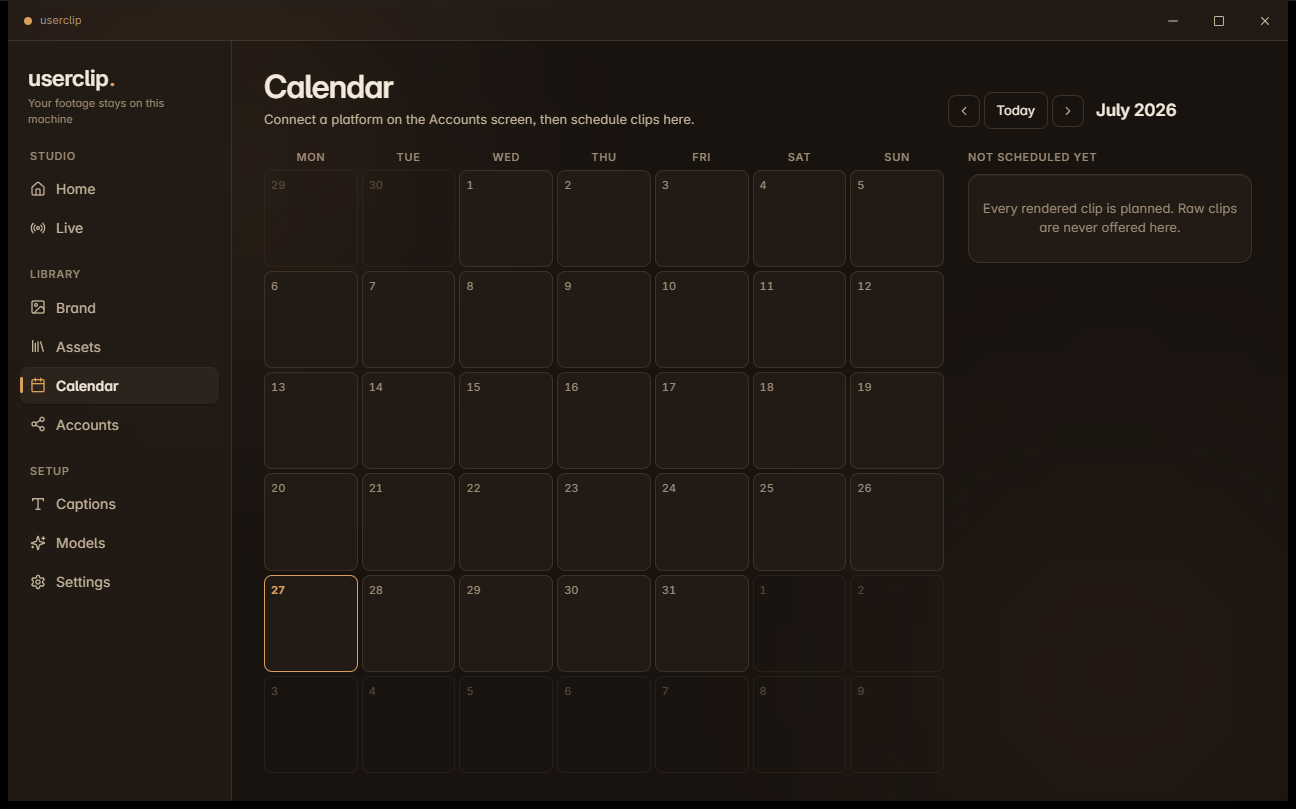 The Calendar screen, showing a month grid for scheduling clips to connected platforms.