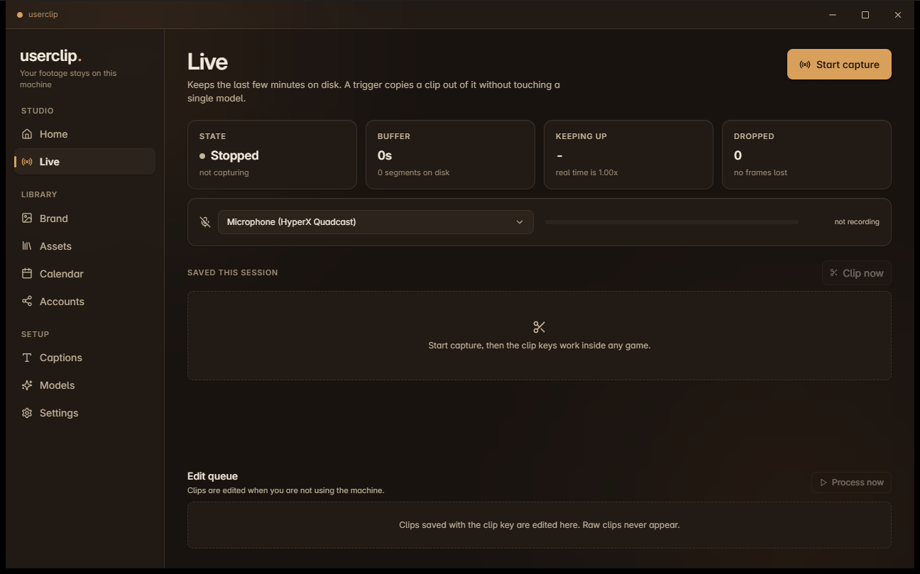 The Live screen, showing capture state, replay buffer health, and the clips saved this session.